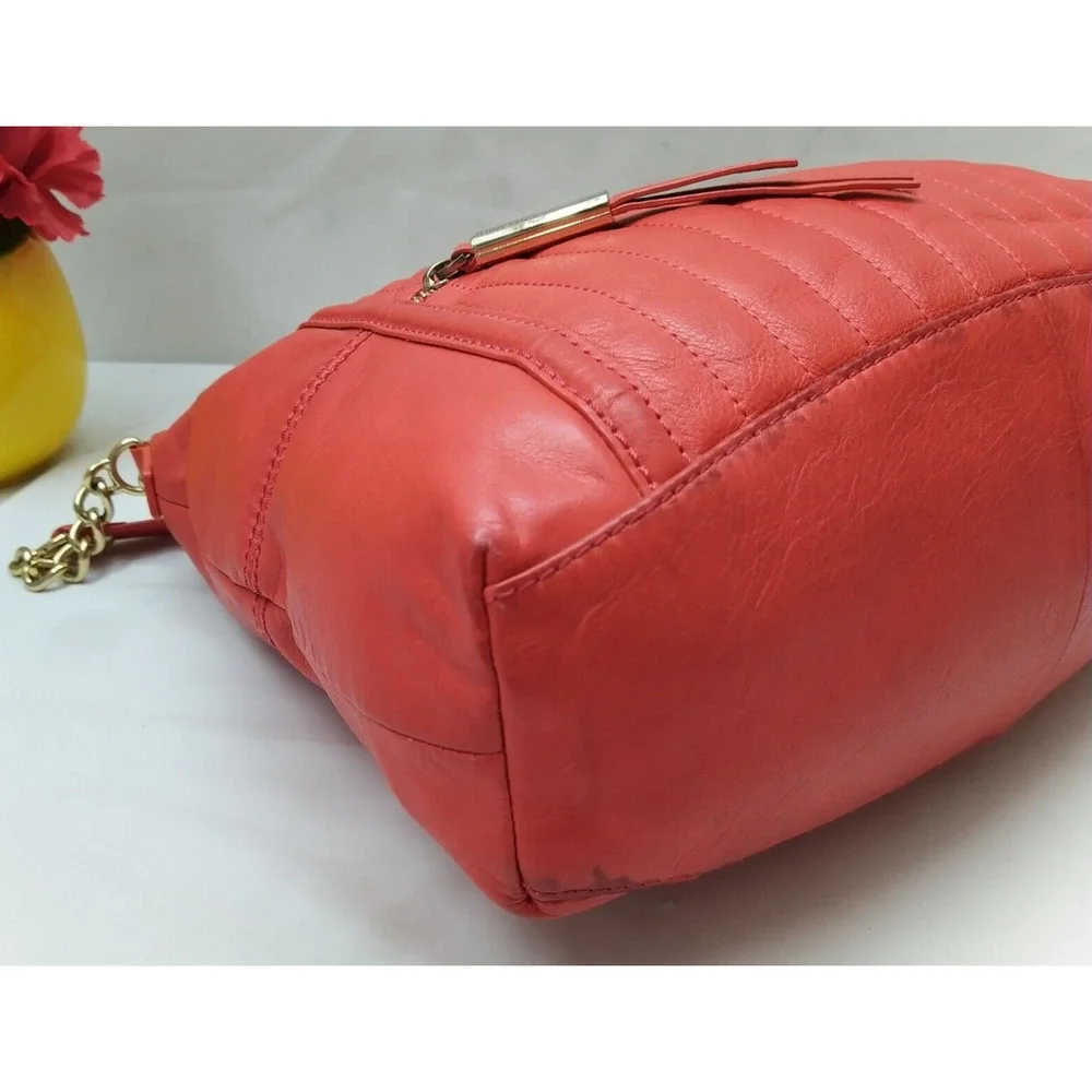 B. Makowsky Red Leather Quilted Chain Strap Zipper Hobo Shoulder Bag
